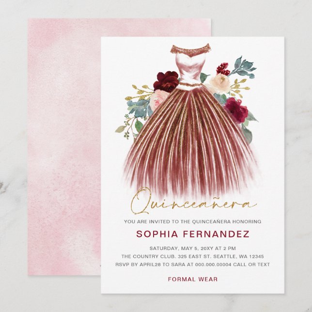 Invitación Purpurina de oro de Borgoña Vestido floral Quincea (Anverso / Reverso)