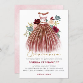 Invitación Purpurina de oro de Borgoña Vestido floral Quincea