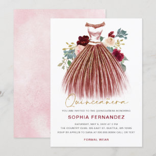 Invitación Purpurina de oro de Borgoña Vestido floral Quincea