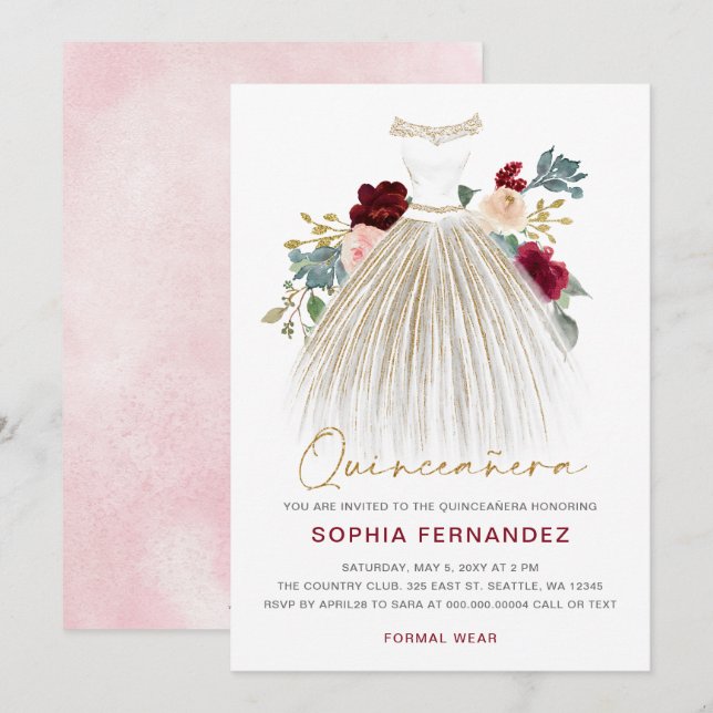 Invitación Purpurina de oro de Borgoña Vestido floral Quincea (Anverso / Reverso)