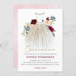 Invitación Purpurina de oro de Borgoña Vestido floral Quincea