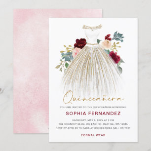 Invitación Purpurina de oro de Borgoña Vestido floral Quincea
