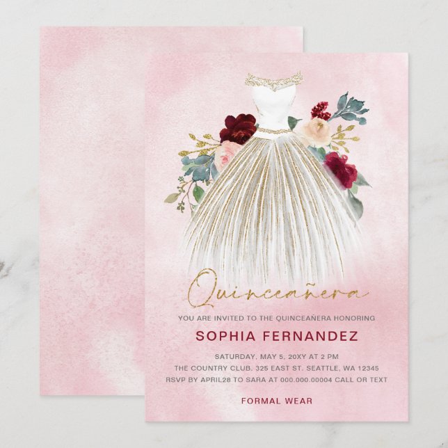 Invitación Purpurina de oro de Borgoña Vestido floral Quincea (Anverso / Reverso)