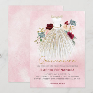 Invitación Purpurina de oro de Borgoña Vestido floral Quincea