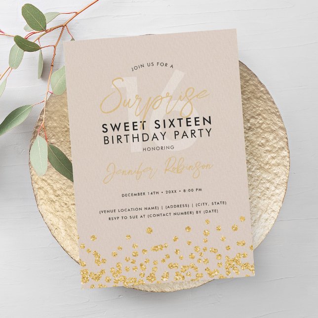 Invitación Purpurina de oro de champagne Confetti Surprise Sw (Champagne Gold Glitter Confetti Surprise Sweet 16 Invitation)
