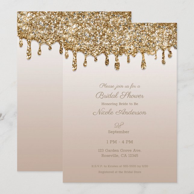 Invitación Purpurina de oro de Champagne Drin Glam Bridal Sho (Anverso / Reverso)