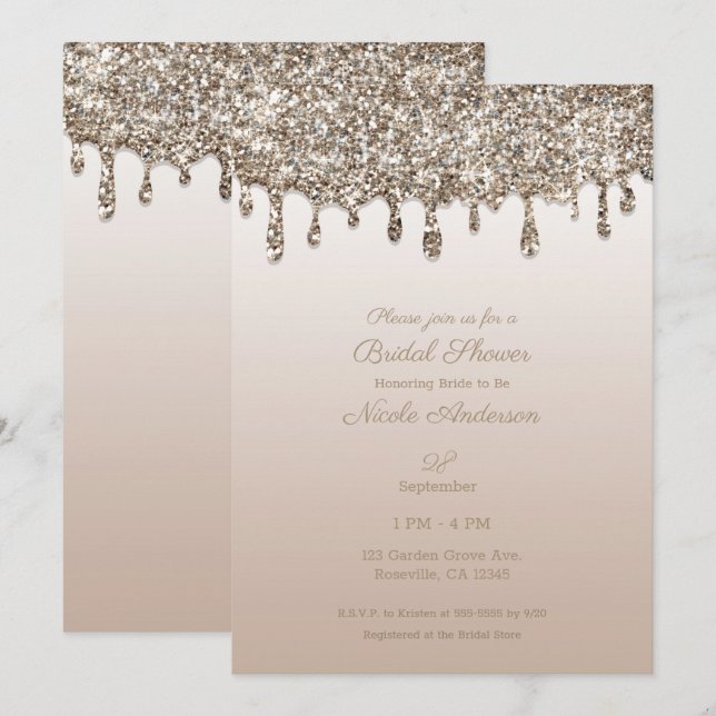 Invitación Purpurina de oro de Champagne Drin Glam Bridal Sho (Anverso / Reverso)