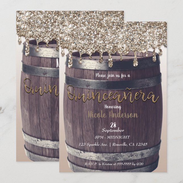Invitación Purpurina de oro de champagne Drip Rústico Quincea (Anverso / Reverso)
