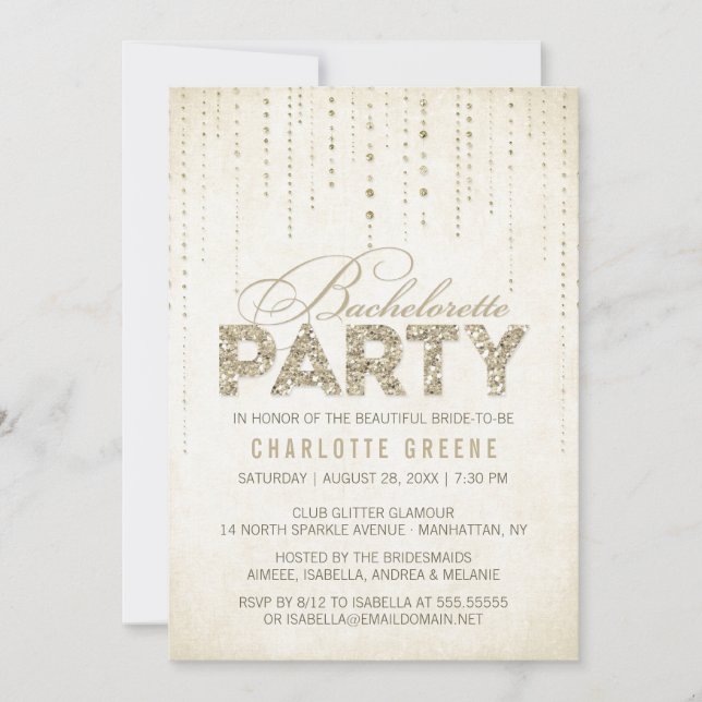 Invitación Purpurina de oro de Champagne Fiesta de Bacheloret (Anverso)