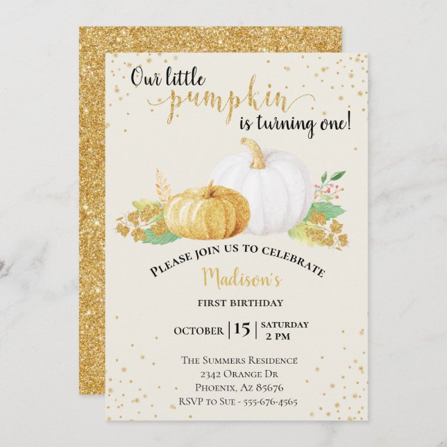 Invitación Purpurina de oro de cumpleaños Calabaza blanca oto (Anverso / Reverso)
