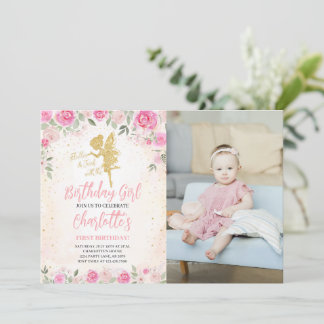 Invitación Purpurina de oro de cumpleaños de hadas florales