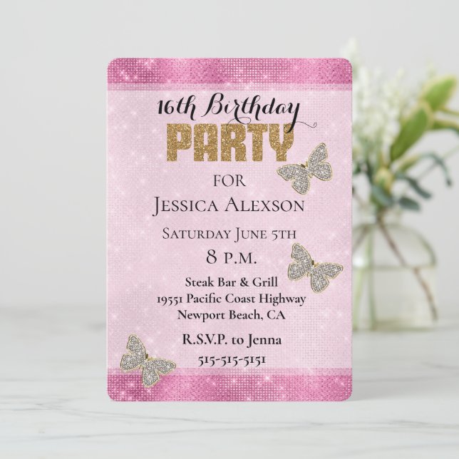 Invitación Purpurina de oro de Esparkle Rosa Glam Diamonds (Anverso de pie)