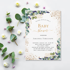 Invitación purpurina de oro de eucalipto de Baby Shower