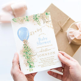 Invitación Purpurina de oro de Eucalyptus Boy Balloon Baby Sh
