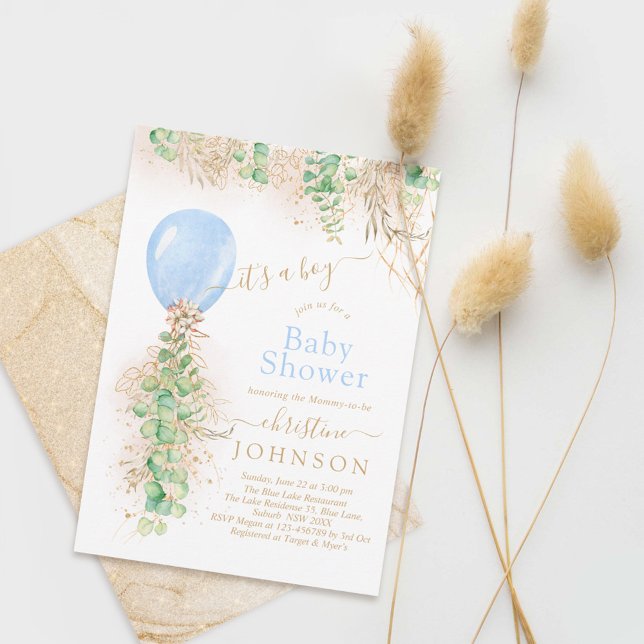 Invitación Purpurina de oro de Eucalyptus Boy Balloon Baby Sh (Subido por el creador)