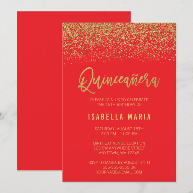 Invitación Purpurina de oro de Faux Rojo moderno Quinceanera (Anverso / Reverso)
