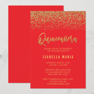 Invitación Purpurina de oro de Faux Rojo moderno Quinceanera