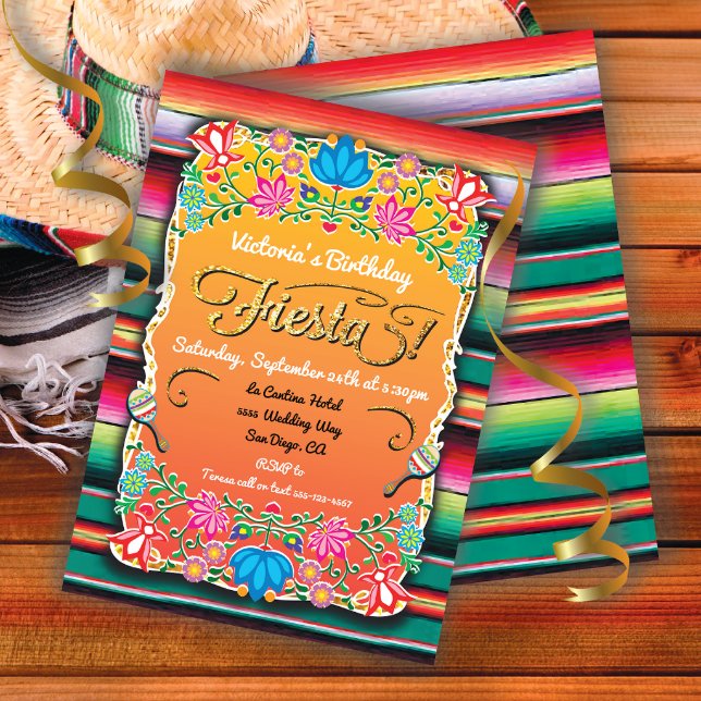 Invitación Purpurina de oro de Fiesta Fiesta Mexicana (Subido por el creador)