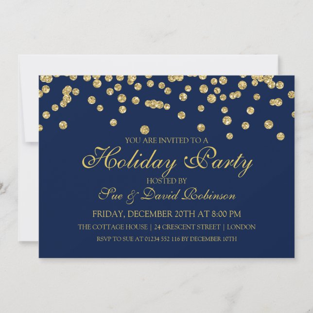 Invitación Purpurina de oro de fiesta navideña Confetti Azul (Anverso)