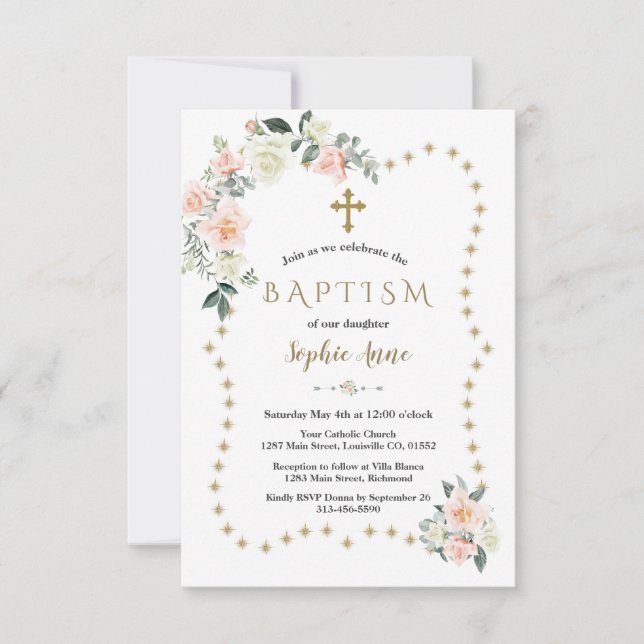 Invitación Purpurina de oro de flores de Rubor esparce bautis (Anverso)