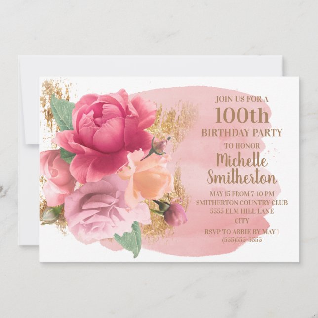 Invitación Purpurina de Oro de Flores Rosa 100 cumpleaños (Anverso)