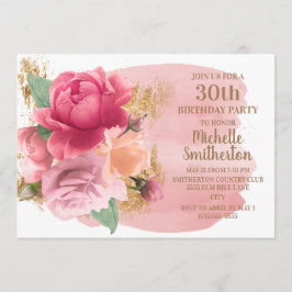 Invitación Purpurina de Oro de Flores Rosa 30 Fiesta de cumpl