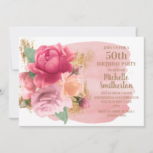 Invitación Purpurina de Oro de Flores Rosadas Fiesta de cumpl (Anverso)