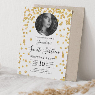 Invitación Purpurina de Oro de FOTO Confetti Sweet 16 Fiesta