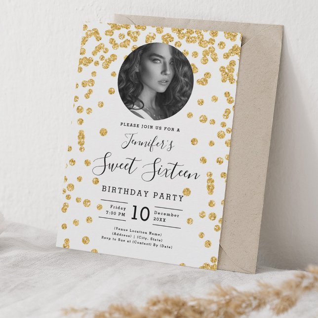 Invitación Purpurina de Oro de FOTO Confetti Sweet 16 Fiesta (PHOTO Gold Glitter Confetti Sweet 16 Party Invitation)