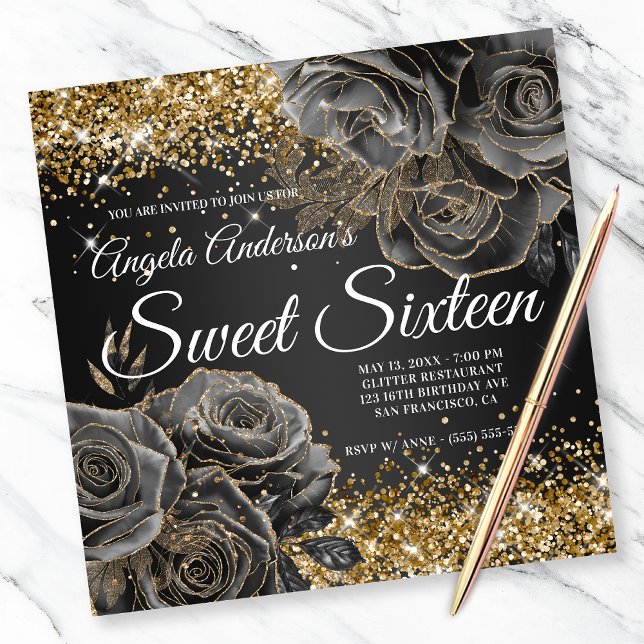 Invitación Purpurina de oro de Glam Floral Negro Dieciséis (Subido por el creador)