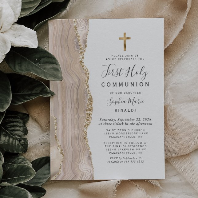 Invitación Purpurina de oro de Ivory Agate, primera comunión  (Subido por el creador)