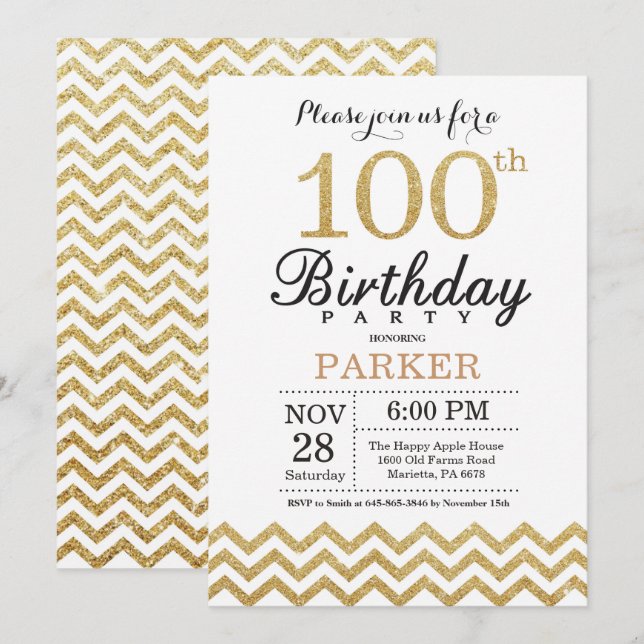 Invitación Purpurina de oro de la 100 cumpleaños (Anverso / Reverso)