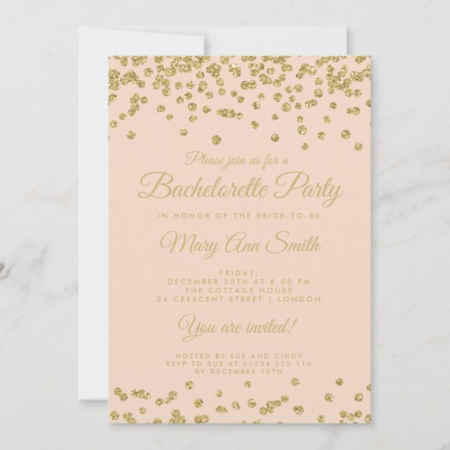 Invitación Purpurina de oro de la Bachelorette Party Confetti (Anverso)