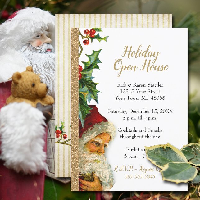 Invitación Purpurina de oro de la Casa Abierta de vacaciones  (Festive Holiday Open House invitation with vintage Santa and faux gold glitter.)