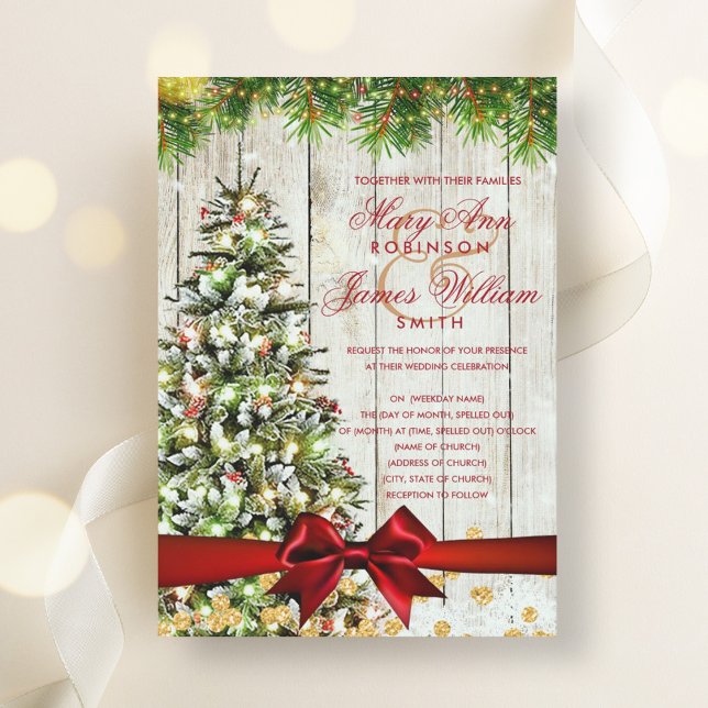 Invitación Purpurina de oro de la cinta del árbol de Navidade (Rustic Christmas Wedding Tree Ribbon Gold Glitter Invitation)