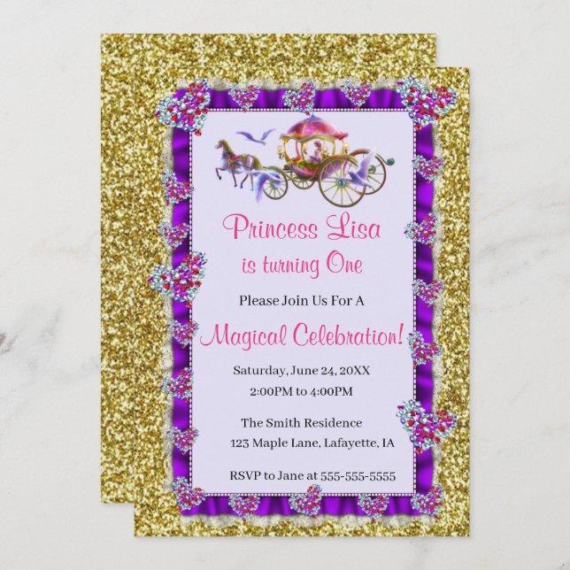 Invitación Purpurina de oro de la cinta púrpura (Anverso / Reverso)