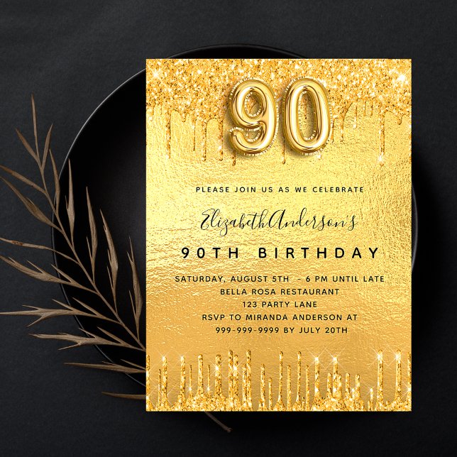 Invitación purpurina de oro de la fiesta de cumpleaños 90 got (Subido por el creador)