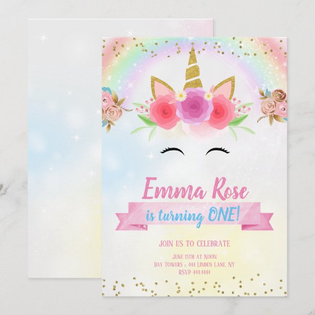 Invitación Purpurina de oro de la fiesta de cumpleaños de Uni (Anverso / Reverso)