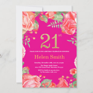Invitación Purpurina de oro de la floración roja 21 cumpleaño