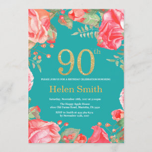 Invitación Purpurina de oro de la floral roja 90 cumpleaños y