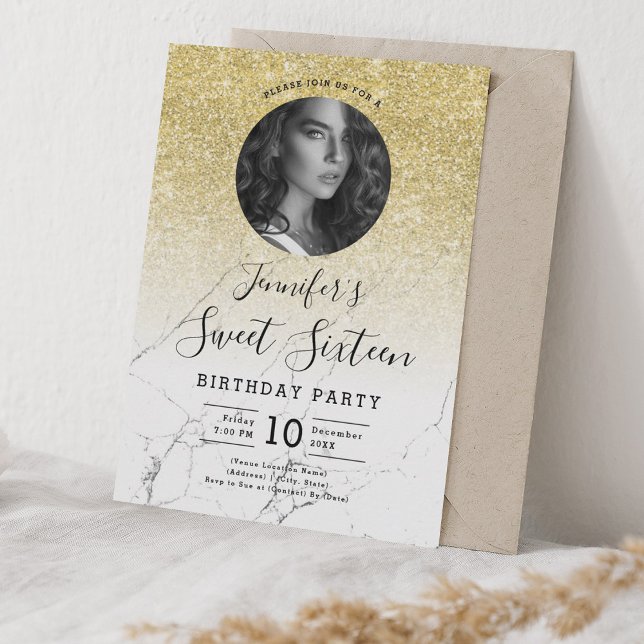 Invitación Purpurina de oro de la foto Marble Sweet 16 Fiesta (PHOTO Gold Glitter Marble Sweet 16 Party Invitation)