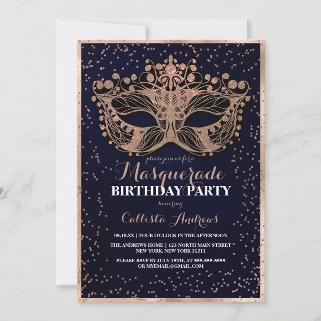 Invitación Purpurina de oro de la Marina Confetti Masquerade  (Anverso)