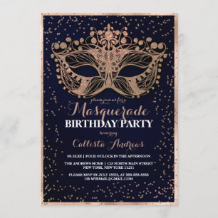 Invitación Purpurina de oro de la Marina Confetti Masquerade