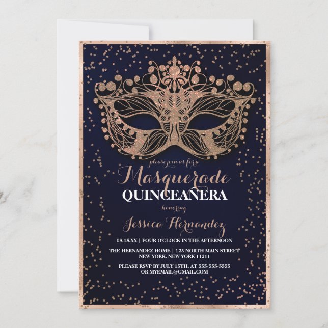 Invitación Purpurina de oro de la marina Confetti Masquerade  (Anverso)