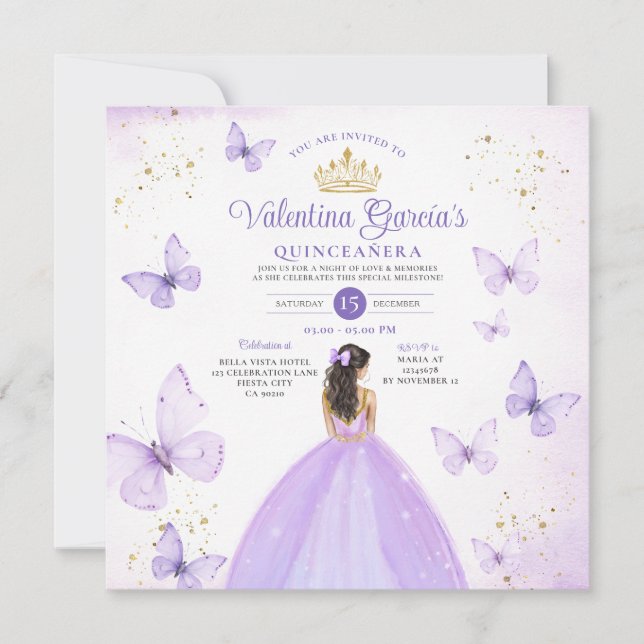 Invitación Purpurina de oro de la mariposa morada Quinceañera (Anverso)
