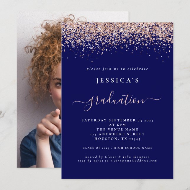 Invitación purpurina de oro de la Rosa de graduación de 2024 (Anverso / Reverso)