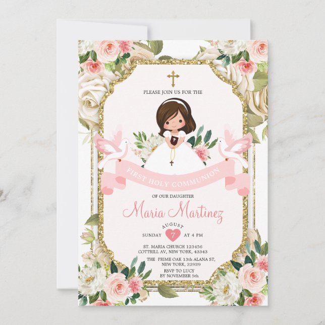 Invitación Purpurina de oro de la Santísima Comunión, chica d (Anverso)