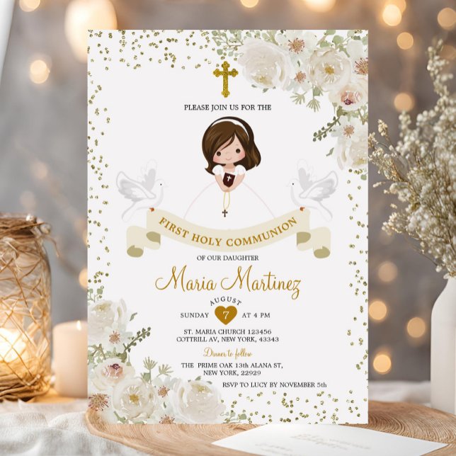 Invitación Purpurina de oro de la Santísima Comunión, Niña Fl (Subido por el creador)