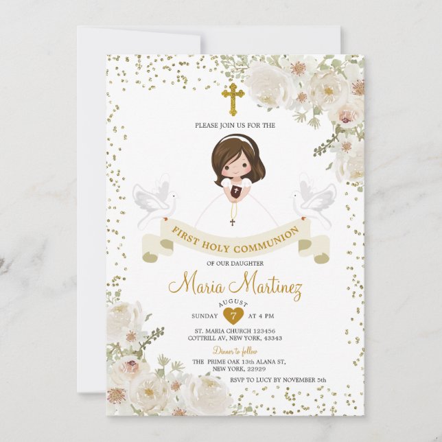 Invitación Purpurina de oro de la Santísima Comunión, Niña Fl (Anverso)