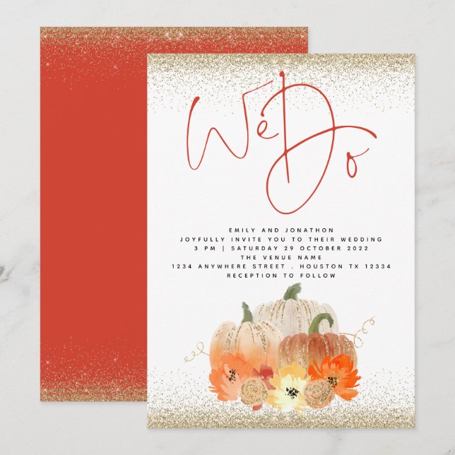Invitación Purpurina de oro de las calabazas Florals hacemos  (Anverso / Reverso)